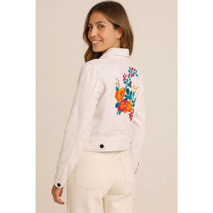 Stetson Embroidered Floral Jean Jacket White XS Western Boho Festival
